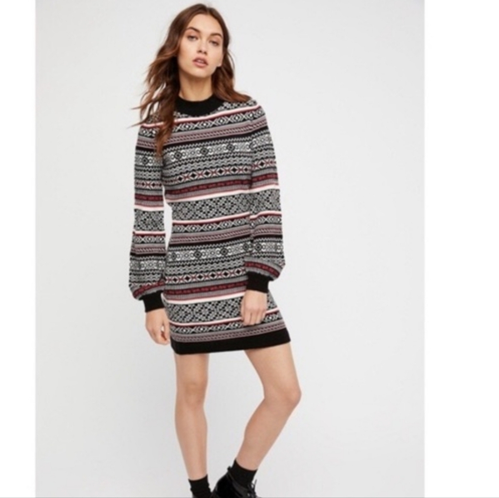 Free People Faero Balloon Sleeve Fair Isle Sweater Knit Mini Dress, Size M